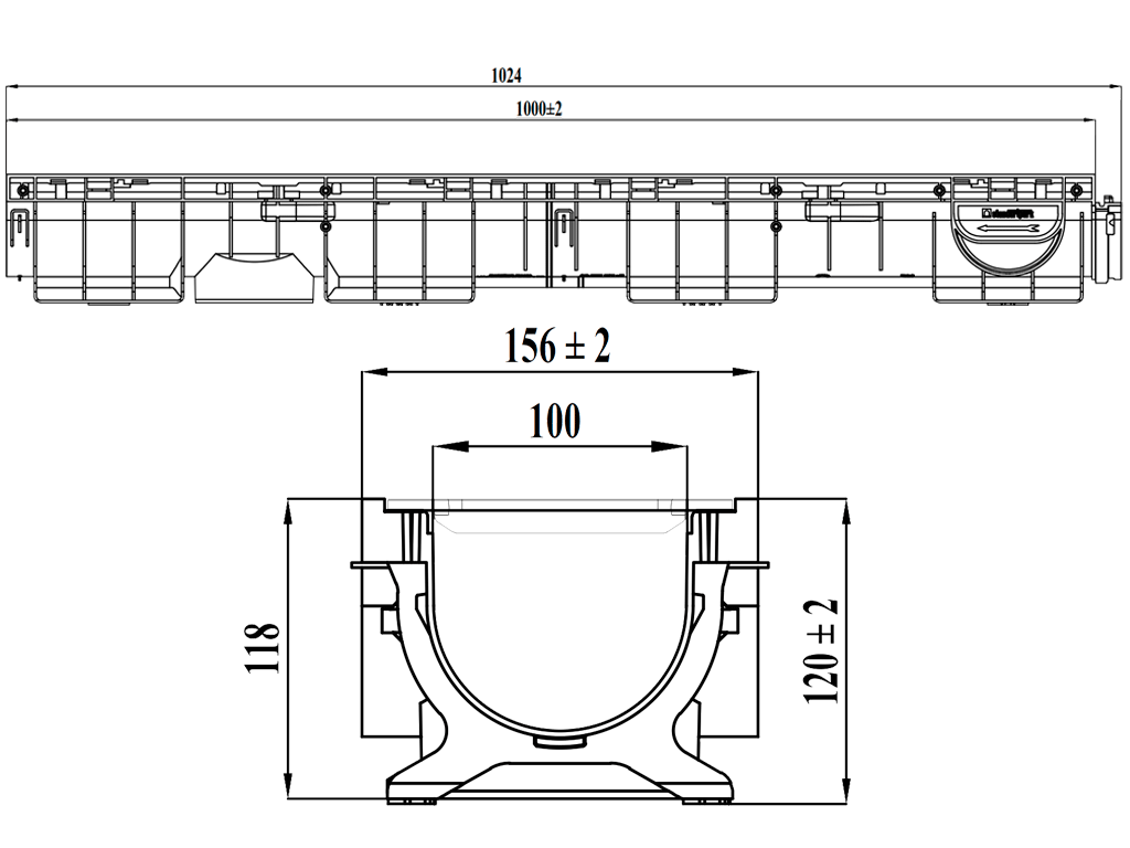 Лоток водоотводный пластиковый BASE DN100 H120 с решеткой чугунной щелевой класс нагрузки C250